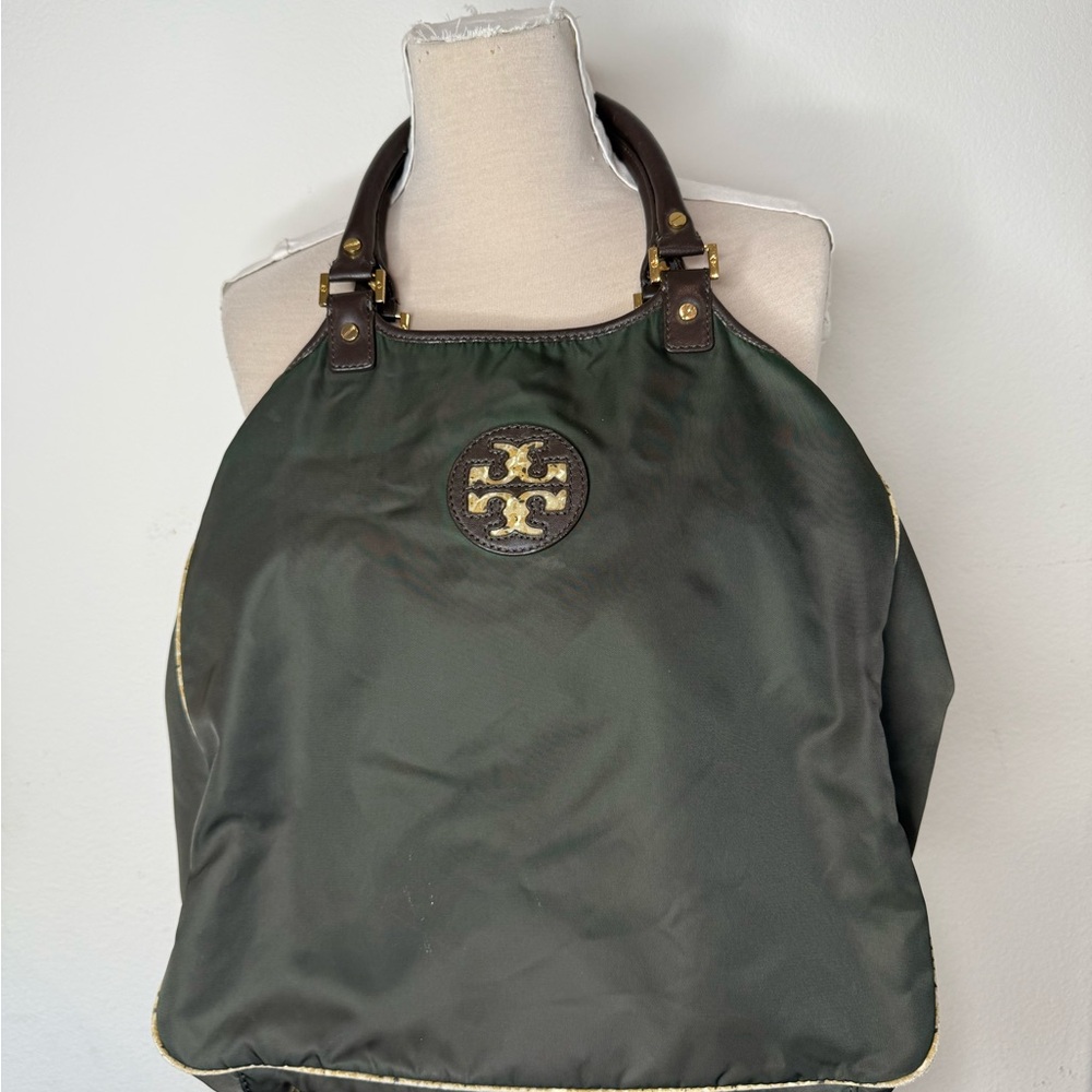 Tory Burch Dark Green Tote with Brown Accents